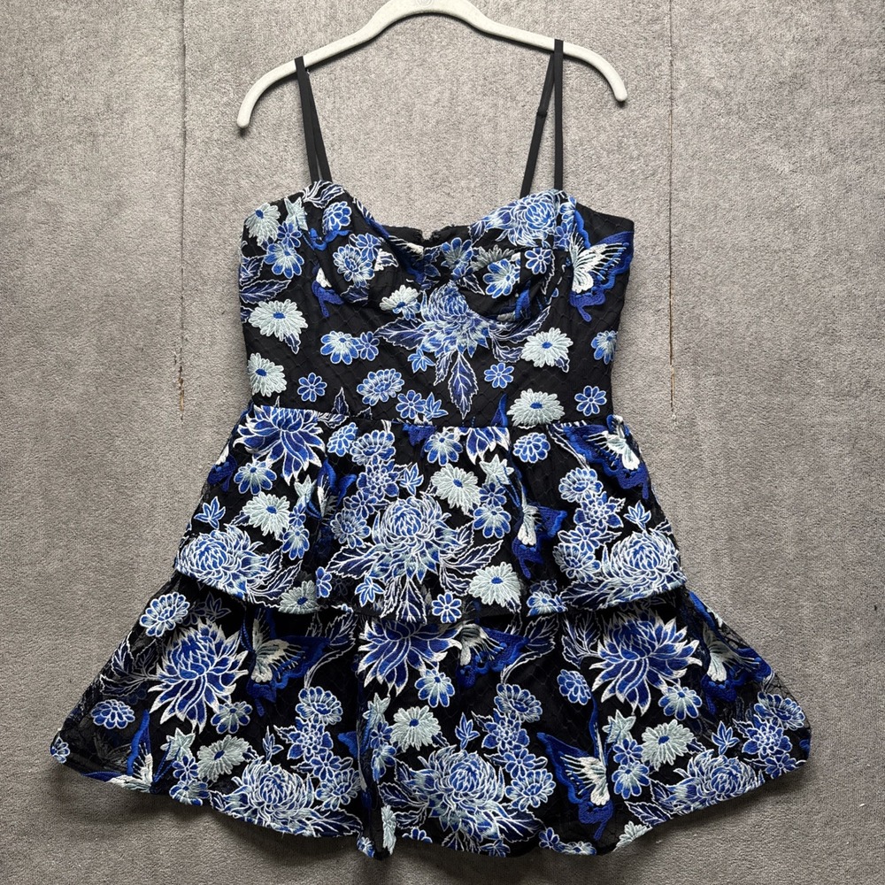 Dress The Population Braelynn Dress L Blue Floral Bustier Cocktail Party Mini